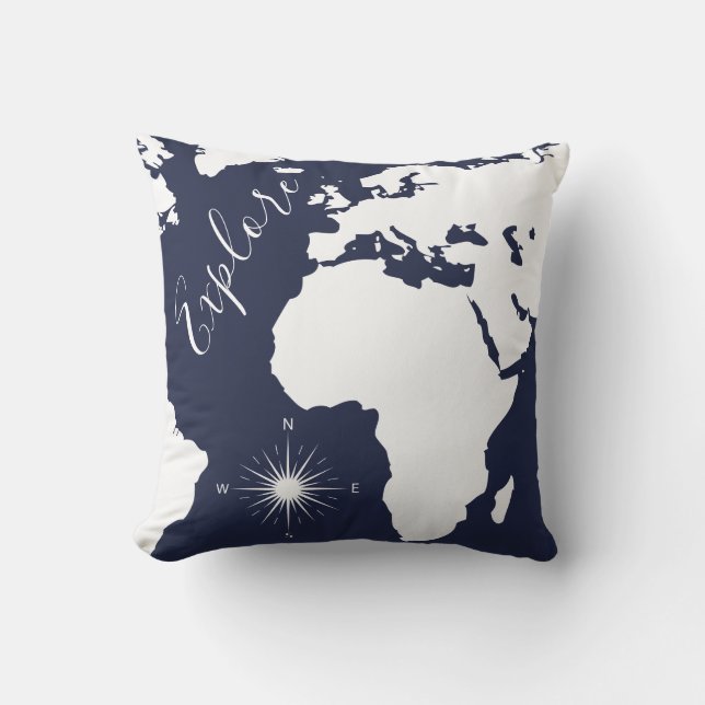 White World Map & Compass Explore Throw Pillow (Front)