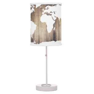 White World Map Rustic Wood Grain Planks Table Lamp