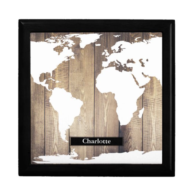 White World Map Rustic Wood Planks Custom Name Jewelry Box (Front)