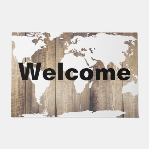 White World Map Rustic Wood Planks Welcome Doormat