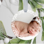 White Wreath | Baby's First Christmas Ceramic Ornament<br><div class="desc">Christmas ornament to which you can add your own photo in honor of your baby's first Christmas. It's decorated with a simple white wreath with leaves and berries. Add your child's name and birth stats on the back in white against a lovely shade of pink.</div>