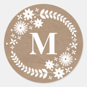 White Wreath Monogram Brown Paper Inspired Sticker