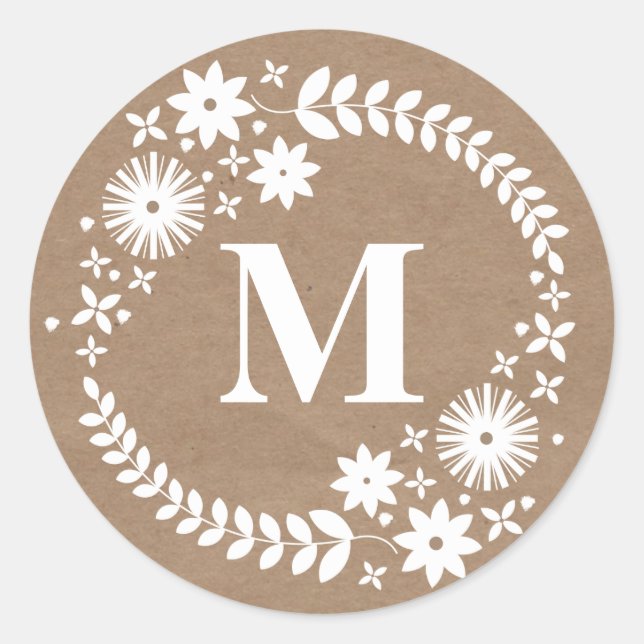 White Wreath Monogram Brown Paper Inspired Sticker (Front)