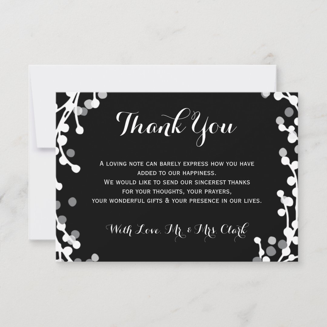 White Wreath on Black Thank you Card | Zazzle