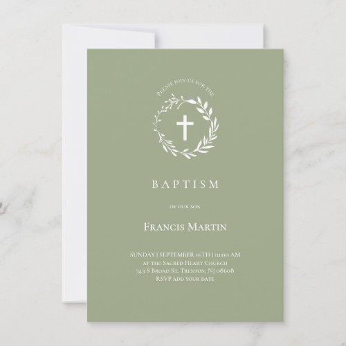 white wreath on olive green  Baptism Invitation