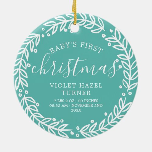 White Wreath  Teal Babys First Christmas Ceramic Ornament