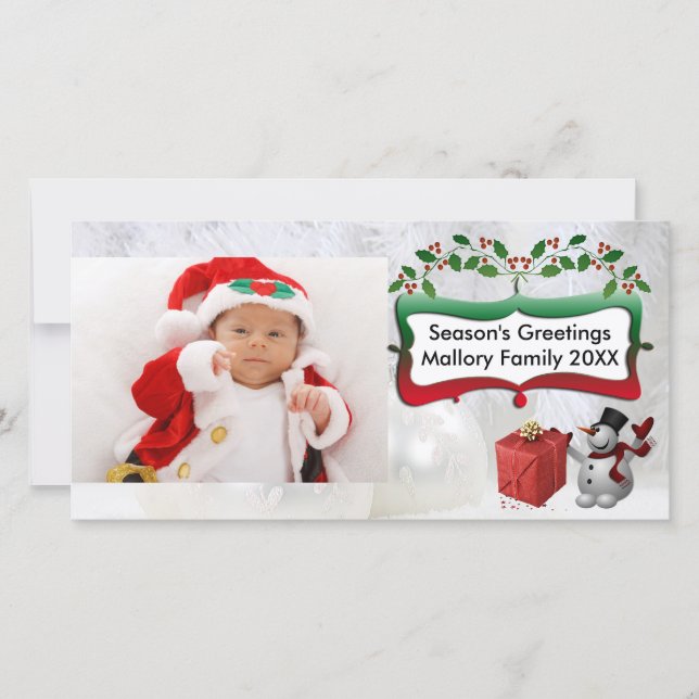 White Xmas Balls, Snowman, Trees, Holly Holiday Card (Front)