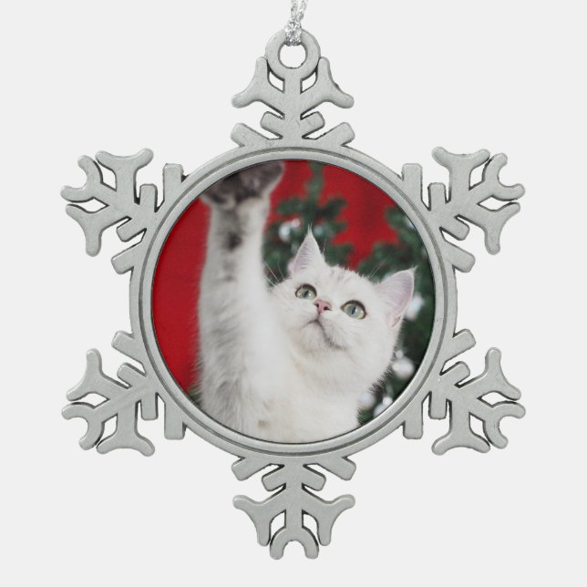 White XMAS Cat Snowflake Pewter Christmas Ornament (Front)