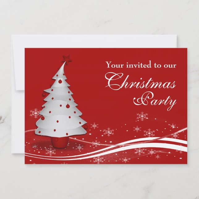 White Xmas Tree on Red Background Christmas Party Invitation (Front)
