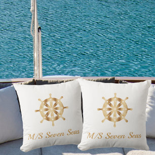 White yacht boat name gold steering wheel coastal outdoor pillow