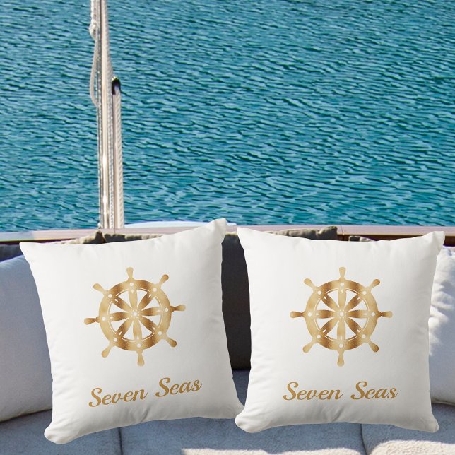 White yacht boat name gold steering wheel coastal throw pillow (Creator Uploaded)