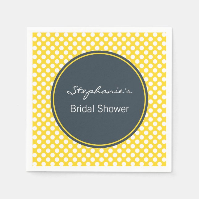 White, Yellow and Charcoal Polka Dot Bridal Shower Paper Napkins (Front)