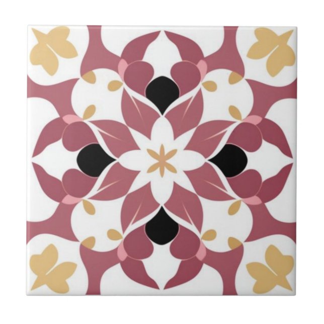 White, yellow, and dark pink floral ceramic tile (Front)