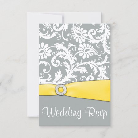 White Yellow And Gray Damask Wedding Rsvp Cards
