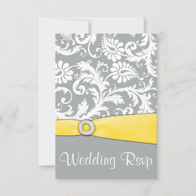 White Yellow and Gray Damask Wedding RSVP Cards (Front)