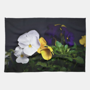White Yellow and Purple Pansies Kitchen Towel