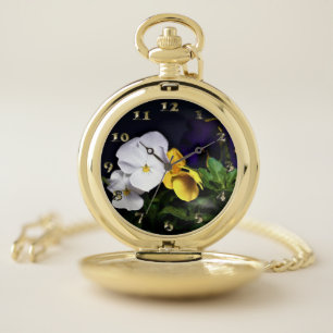 White Yellow and Purple Pansies Pocket Watch