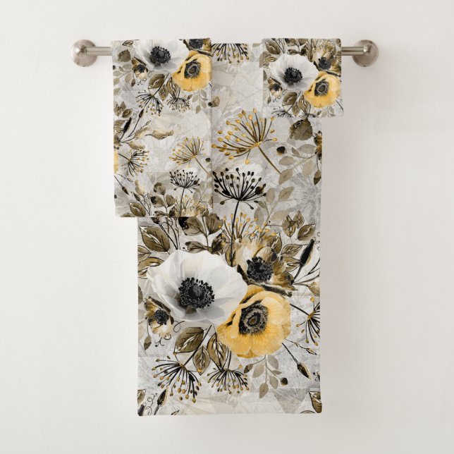White, yellow anemones on a gray-brown background. bath towel set (Insitu)