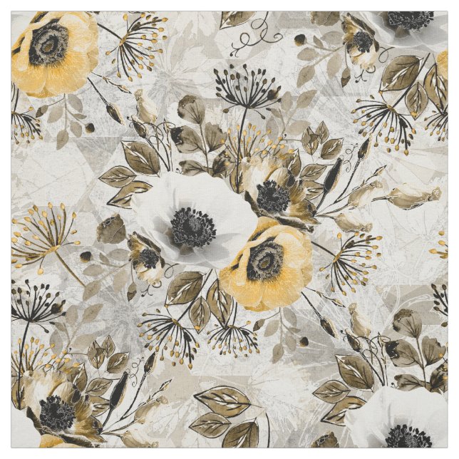 White, yellow anemones on a gray-brown background. fabric (Swatch)