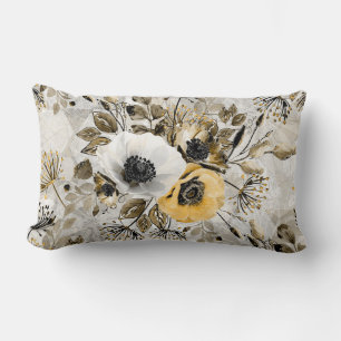 White, yellow anemones on a gray-brown background. lumbar pillow