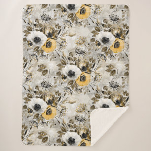 White, yellow anemones on a gray-brown background. sherpa blanket