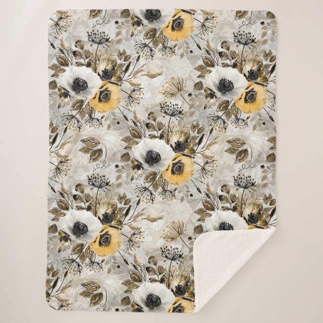 White, yellow anemones on a gray-brown background. sherpa blanket (Front)