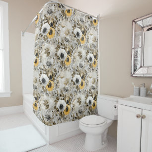 White, yellow anemones on a gray-brown background. shower curtain