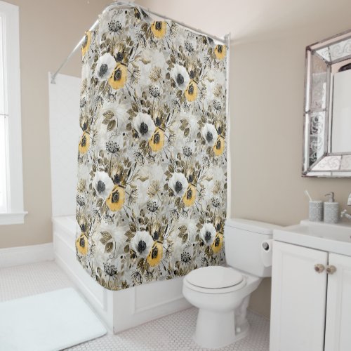 White yellow anemones on a gray_brown background shower curtain