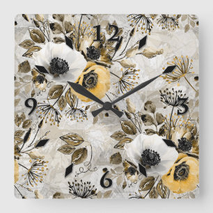 White, yellow anemones on a gray-brown background. square wall clock
