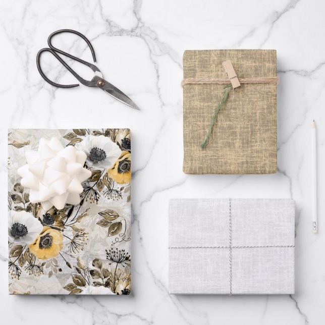 White, yellow anemones on a gray-brown background. wrapping paper sheets (Front)