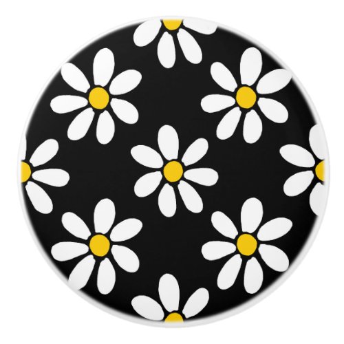 White Yellow Black Daisy Pattern Ceramic Knob