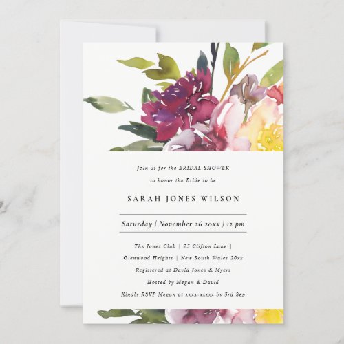 WHITE YELLOW BLUSH BURGUNDY FLORAL BRIDAL SHOWER INVITATION