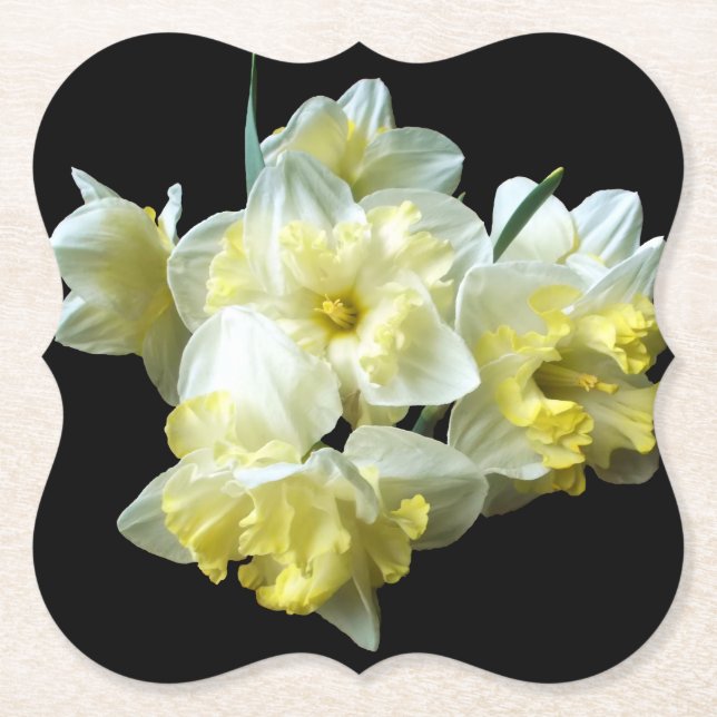 White Yellow Bouquet of Daffodils on Chic Black Paper Coaster (Front)
