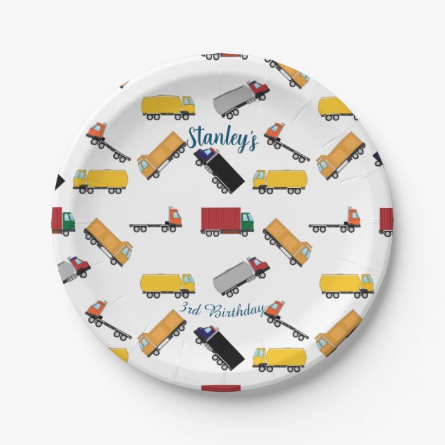 White Yellow Boys' Birthday Truck Pattern  Paper Plates (Front)