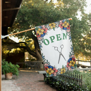 White Yellow Coral Flowers Hair Salon Open House Flag