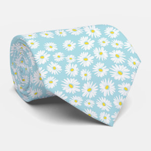 White yellow cyan daisy flower pattern neck tie