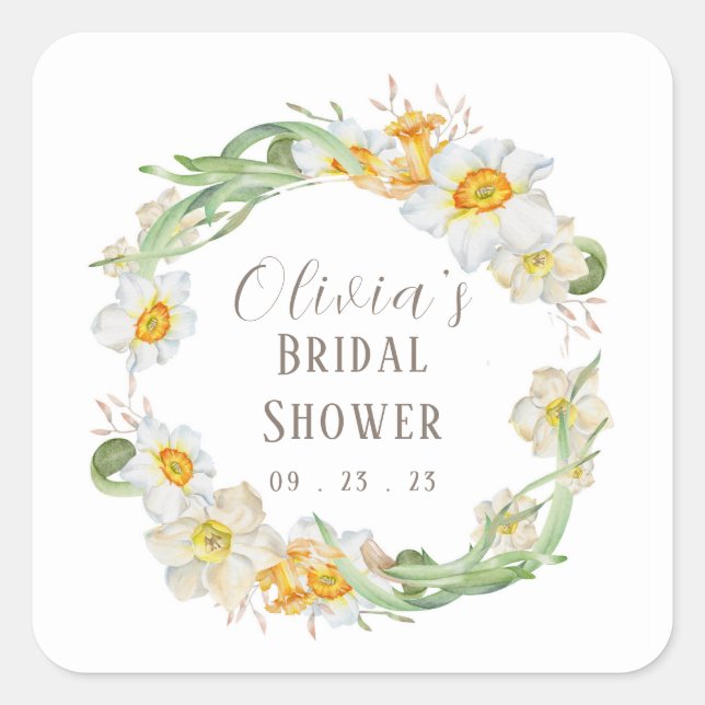 White & Yellow Daffodil Bridal Wedding Shower  Squ Square Sticker (Front)