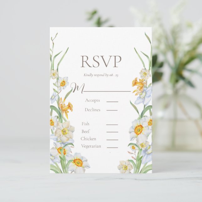 White & Yellow Daffodil Floral Border Wedding RSVP Card (Standing Front)