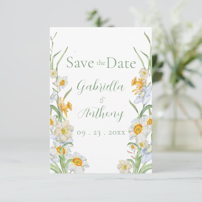 White & Yellow Daffodil Floral Green Script Save The Date (Standing Front)