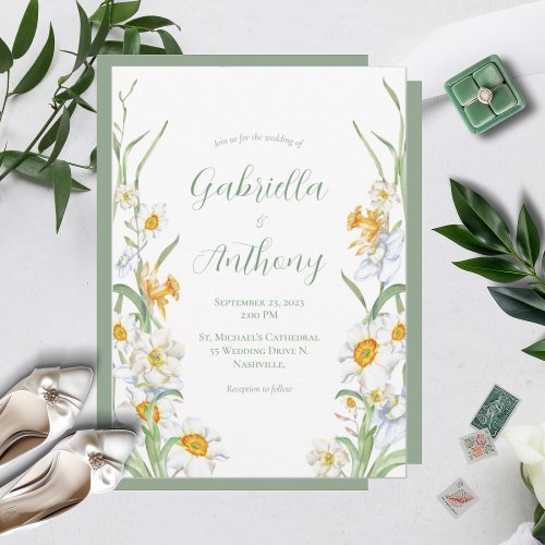 White  Yellow Daffodil Floral Wedding Invitations