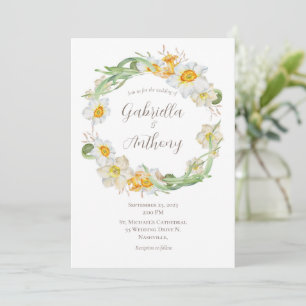 White & Yellow Daffodil Floral Wreath Wedding Invitation