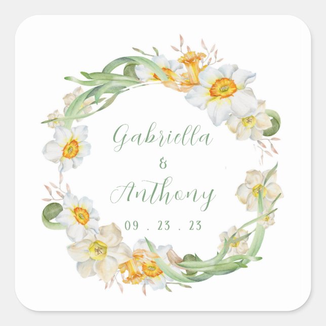White & Yellow Daffodil Wedding Square Sticker (Front)