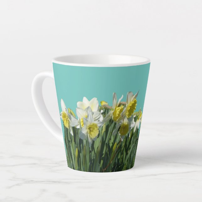 White & Yellow Daffodils Cust. BC Blue Latte Mug (Left Angle)