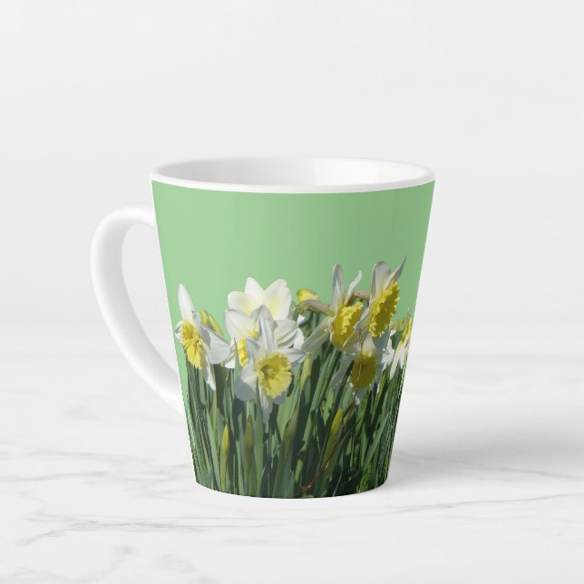 White & Yellow Daffodils Cust. BC Green Latte Mug (Left Angle)