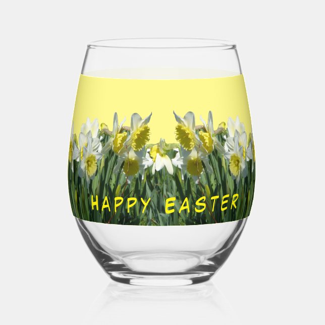 White Yellow Daffodils Cust. Text Wine Glass (Front)