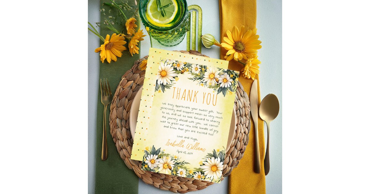 White | Yellow Daisies Floral Baby Shower Thank You Card | Zazzle