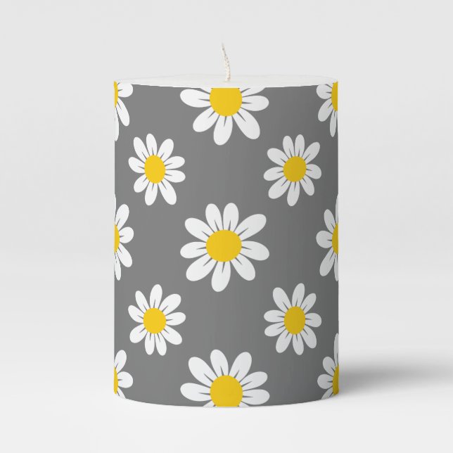 White Yellow Daisies Pillar Candle (Front)