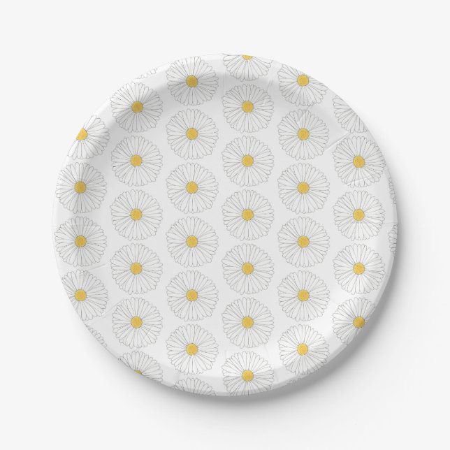 White Yellow Daisy Flower Floral Garden Party Paper Plates (Front)
