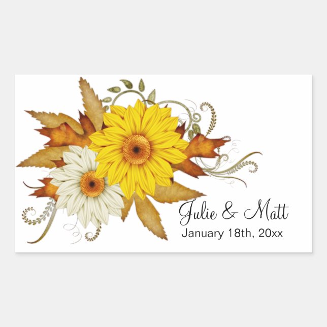 White & Yellow Fall Season Flowers Wedding Rectangular Sticker (Front)