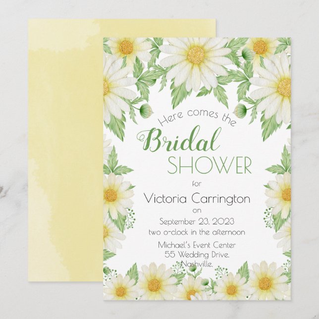 White Yellow Floral Daisies Script Bridal Shower Invitation (Front/Back)